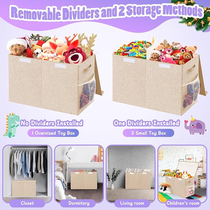 Large Toy Storage Box with Lid, Dividers, Collapsible Kids Toy Chest, Beige | Toy Box for Boys, Girls, Nursery, Bedroom, Living Room, Playroom, 25 x 13 x 16 inches