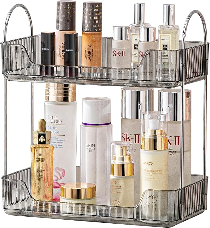 Akinbas 2 Tier Bathroom Organizer Countertop Makeup Perfume Tray Skincare Organizer for Bathroom Dresser Vanity (Grey)