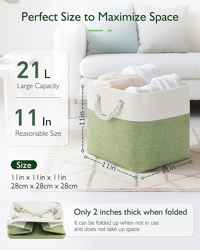 Patvingot 11-Inch Fabric Cube Storage Bins with Handles,4 Pack,Foldable | For cube shelves and closets,keeps grouped for everyday access,reinforced opening and fold-flat storage,white and green