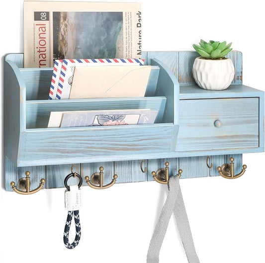 Rebee Vision Key Holder Wall Mount for Room Decor, Distressed Blue | Pine Wood Mail and Key Organizer for Wall, with 7 Hooks, Drawer Organizer, Ideal Storage Solution for Home Improvement