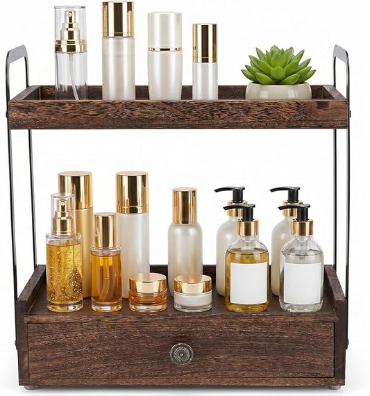 2-Tier Bathroom Counter Organizer with Drawer, Wooden Vanity Countertop Organizer for Makeup Perfume Cosmetics Skincare, Counter Shelf for Bathroom Kitchen Restroom