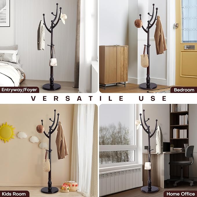 Bekrvio Tree Coat Rack Freestanding with Round Base, Red Brown | Unique Coat Hanger Stand, Heavy Duty Standing Coat Rack, For Jacket, Hat, Bags For Entryway / Hallway / Bedroom