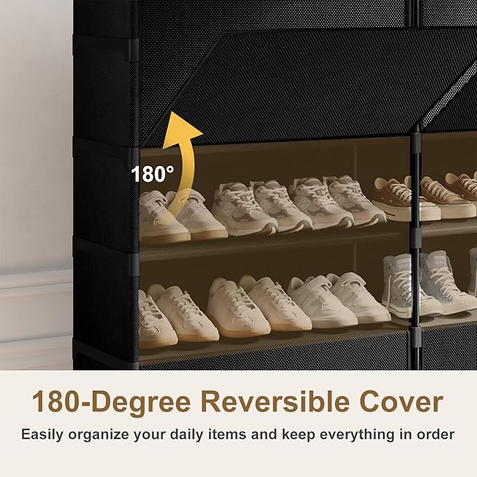 2 by 9 Tier Shoe Cabinet, 54-Pair Storage for Closet,Black | Max capacity for large families. Remove layer for boots. Split into 2 units. Door blocks dust & pets.