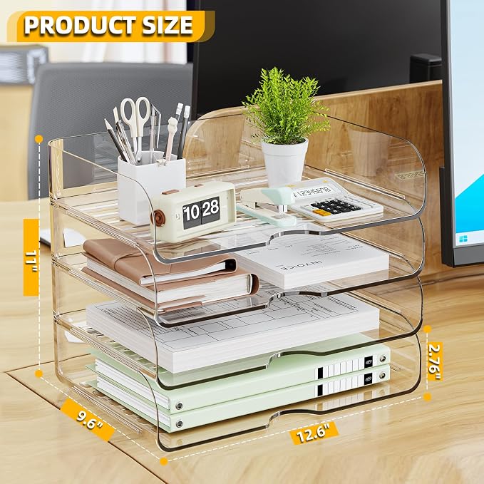 HIYOHIYO Clear Office Desk Organizer for A4 Letter Paper, 4 Tier Horizontal | Stackable | Large Capacity | Office Organization for File Folder | Desktop Paper Holder Workspace Organizer and Storage