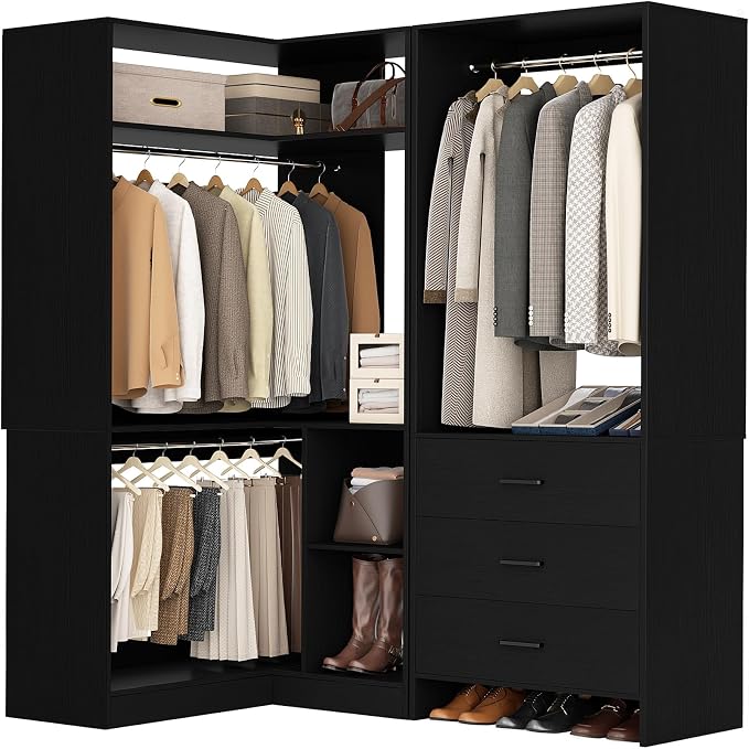 Aheaplus Closet System with 3 Drawers, 2 Hanging Rods & Corner Tower, Corner Closet System with Hanging, L-Shaped Walk-In Wardrobe Organizer, 1300+ lbs Capacity, Set of 2, Black