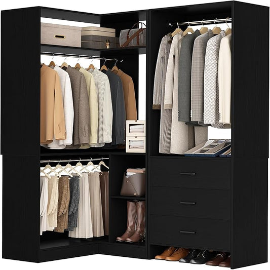 Aheaplus Closet System with 3 Drawers, 2 Hanging Rods & Corner Tower, Corner Closet System with Hanging, L-Shaped Walk-In Wardrobe Organizer, 1300+ lbs Capacity, Set of 2, Black