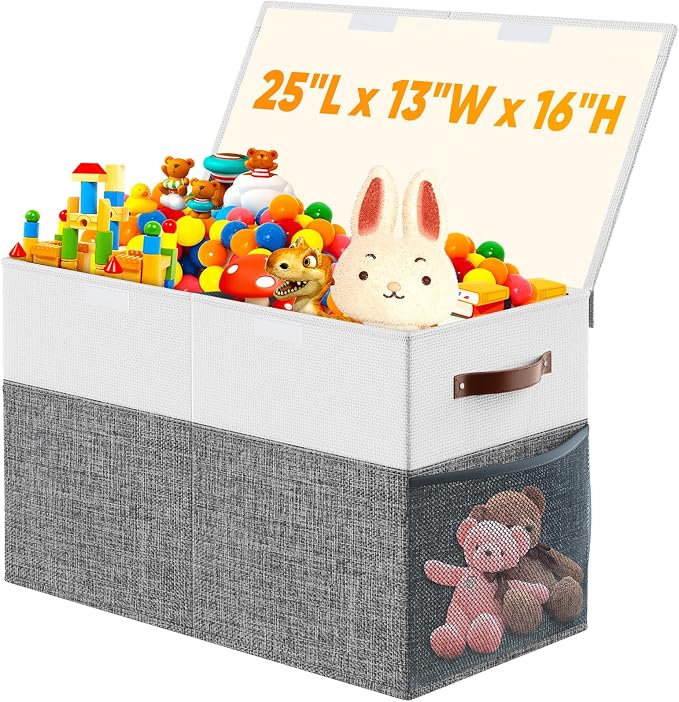 Large Toy Storage Box with Lid & Dividers, Kids Toy Chest, Gray and White | Toy Box for Boys, Girls, Nursery, Bedroom, Living Room, Playroom, 25 x 13 x 16 inches