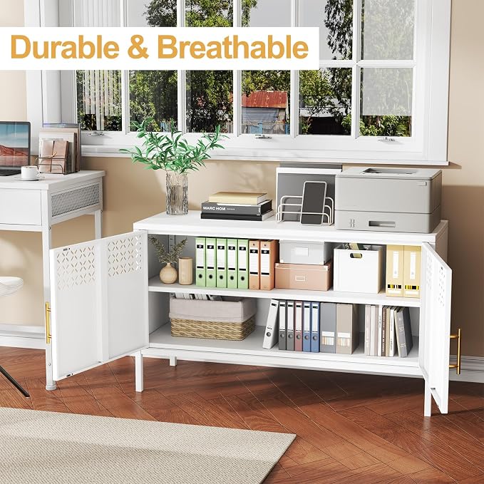 Metal Storage Cabinet, 2-Door Short Locker Cabinets with Adjustable Shelf, Magnetic Lock, Ventilated Doors, Steel Accent Sideboard Cabinet for Office Home, White