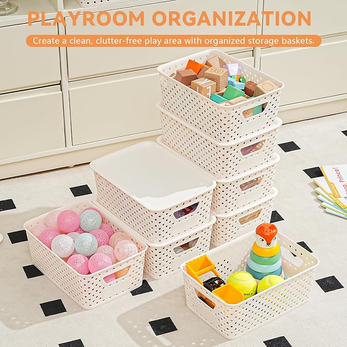10 Pack Small Plastic Storage Bins with Lids, Stackable Plastic Storage Baskets for Organizing with Handles, Organizer Bins with Labels for Room, Craft, Containers for Pantry Organizers and Storage