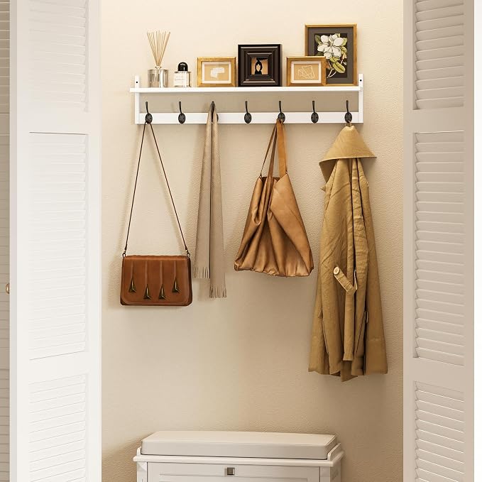 BAMEOS 35" L Wall Hooks with Shelf, Entryway Coat Hooks, Wood Wall Hanging Shelf, Wall-Mounted Coat Rack with 7 Dual Metal Hooks for Bathroom, Kitchen, Living Room, Bedroom (White)