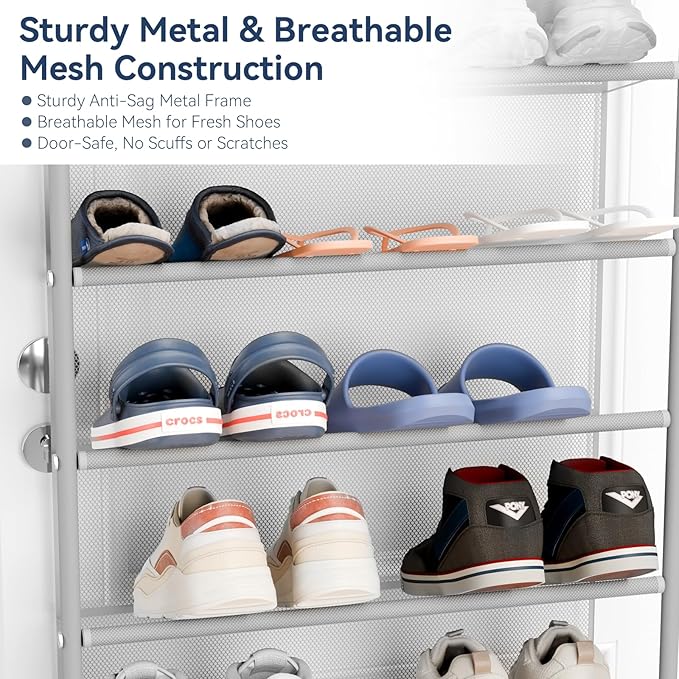 Whitmor 36 Pair Over The Door Shoe Organizer, 12 Tier Hanging Shoe Organizer, Heavy Duty Metal & Mesh Shoe Holder, Hanging Shoe Rack for Closet Organizer & Storage, 74"H x 21.7"W x 7.5"D, Grey