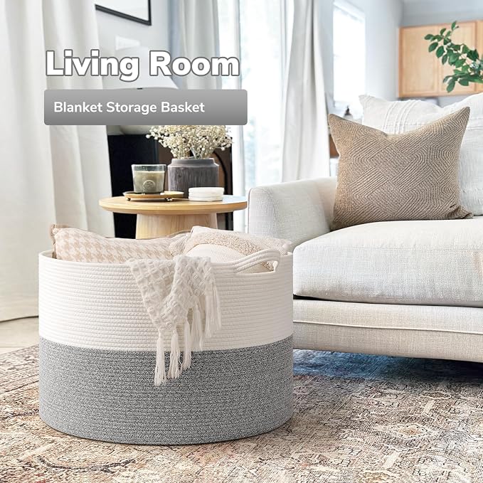 Goodpick Extra Large Woven Blanket Basket Living Room, Toy Bin,115L | 23.5 x 23.5 x 15.8 In Toy Storage Basket for Nursery, Blanket Basket for Living room, Laundry Basket, Light & Grey