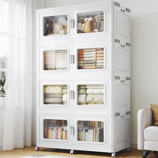 BROVIEW 880 Qt Extra Large Stackable Storage Bin with Lids, 4 Pack White | 220Gal Extra Large, Collapsible Storage Boxes with 4 Lids, Folding& Rolling Plastic Drawer, Heavy-Duty Cabinet Organization