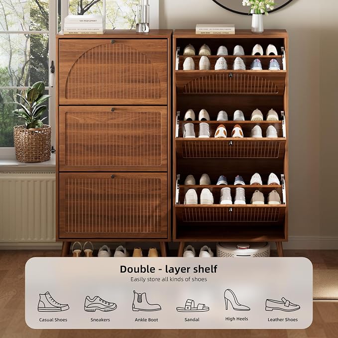 Fsbecl Shoe Storage Cabinet for Entryway with 3 Fluted Flip Drawers, Walnut | 23.6'' Narrow Freestanding Shoe Rack with Adjustment Shelves, Wooden Hidden Organizer for Hallway Foyer, 12-18 Pairs