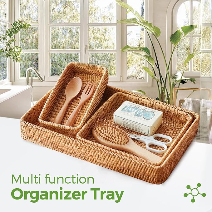 Rattan Serving Tray,Rectangle Wicker Storage Basket Set of 3 for Organizing | Natural Rattan, Decorative Serving Woven Trays Wicker Baskets for Storage, Home Decor, Bathroom, Kitchen Counter