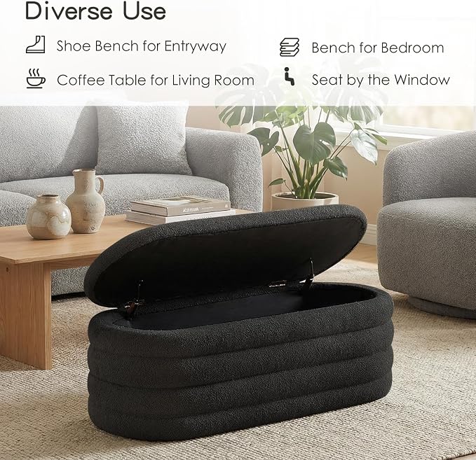 Storage Ottoman Bench, 45'' Upholstered Boucle Ottoman with Storage, Aesthetic End of Bed Bench for Bedroom Living Room Entryway, Black