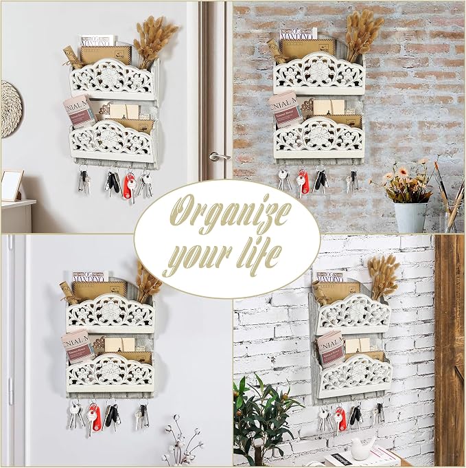 Key and Mail Holder for Wall, 2-Slot Mail Organizer Wall Mount 5 Key Hooks | Retro Hollowed-out Pattern Wooden Key Hangers Wall File Organizer Letter Sorter, Key Rack for Entryway Home Decor Extra Wide