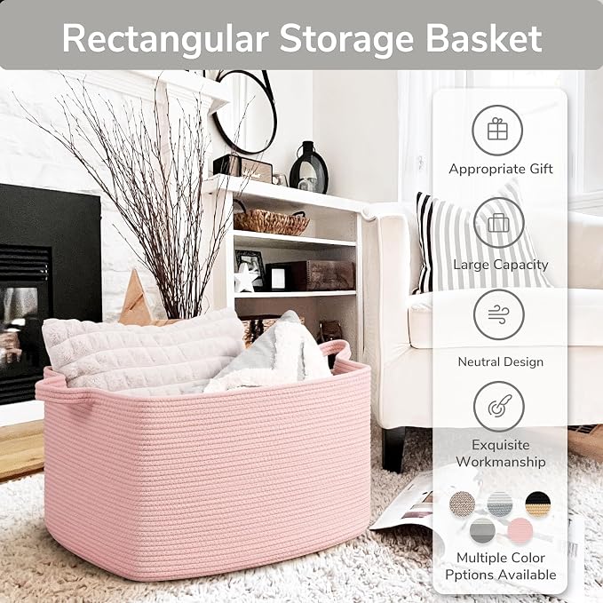 Goodpick Large Woven Storage Basket, Rectangle Toy Organizer, Pink | 21.6 x 14.9 x 11.8 in, Reinforced Handles, Living Room, Bedroom & Nursery Organization, Toys & Blankets Storage