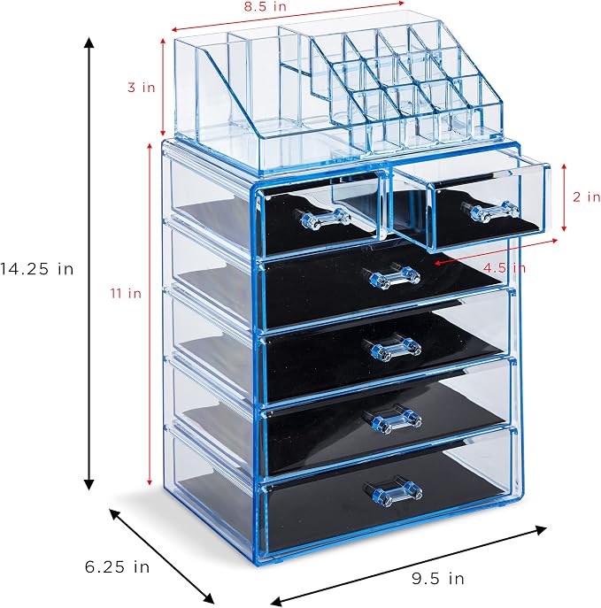Sorbus Acrylic Makeup Organizer Set, 6-Drawer Vanity & Countertop Cosmetic Storage with Small & Wide Compartments, Blue Brilliance Makeup Storage for Brushes, Jewelry – Holiday Gift for Women & Teens