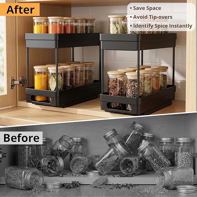 3 Pack Pull Out Spice Rack Organizer for Cabinet, Slide Out Spice Racks Organizer, Spice Cabinet Organizers, Cabinet Size Need:12'' Highx11'' Deepx5'' Wide,Each Tier Hold 10 Spice Jar- 2 Tier,3 Colors