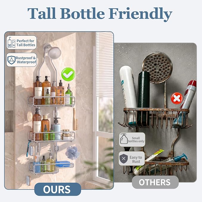 Skyapex Shower Caddy Hanging Bathroom Organizer: Over Head Adjustable Rack for Tall Showerhead - Extra Large Storage Shelf for Big Shampoo Bottles with Soap Holder