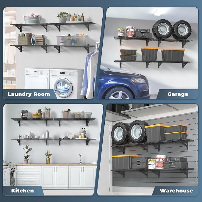 Jusgym 4 Pack Wall Mounted Garage Shelving, 1x4ft, 1400lbs Integrated Grid | Wall Mounted Floating Design, 12"x96" Storage Rack, No Splice Seamless Structure, Rustproof Black Coating for Garage Workshop
