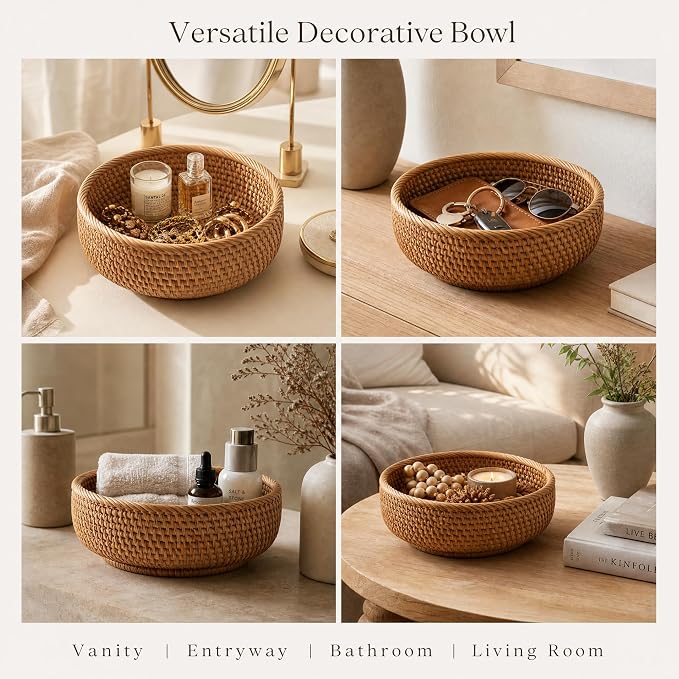 7.9" Small Round Rattan Basket - Wicker Organizer Basket, Handwoven Storage for Keys, Jewelry, Desk, Tabletop, Entryway Decorative Basket Boho Tray (S, 7.9" x 2.6")