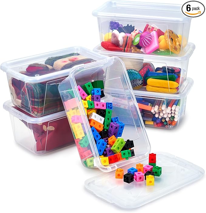 GAMENOTE 6 Quart Stackable Plastic Storage Bins with Lids, 6 Pack, Clear | Stackable 6-quart bins with lids organize classroom supplies, crafts, toys and building blocks for Classroom & Kids Toy