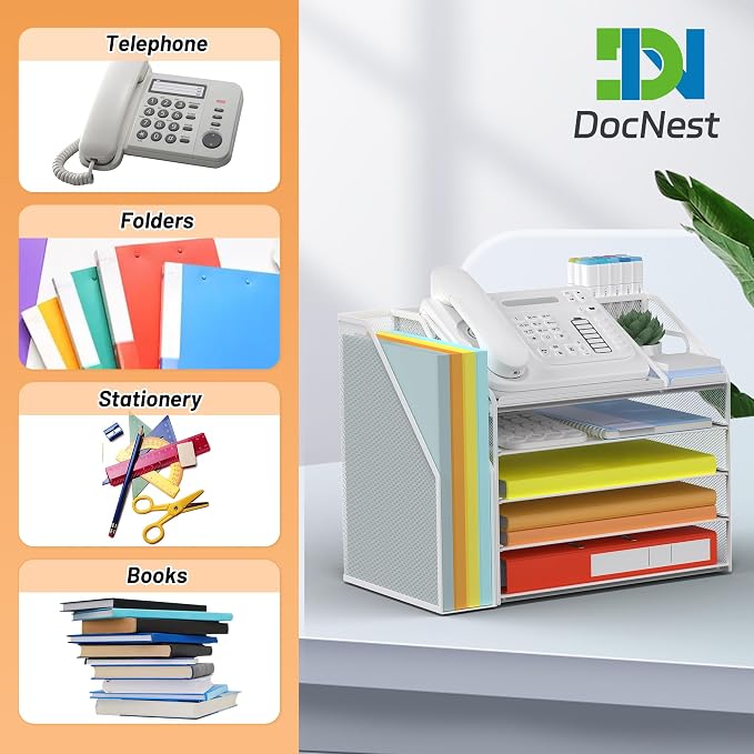 DocNest 5 Tier Metal Mesh Desk File Organizer with Phone Shelf, White | Desktop letter tray sorter features a 9.1x9.1 inch top phone holder, built-in sticky note compartment and pen holder