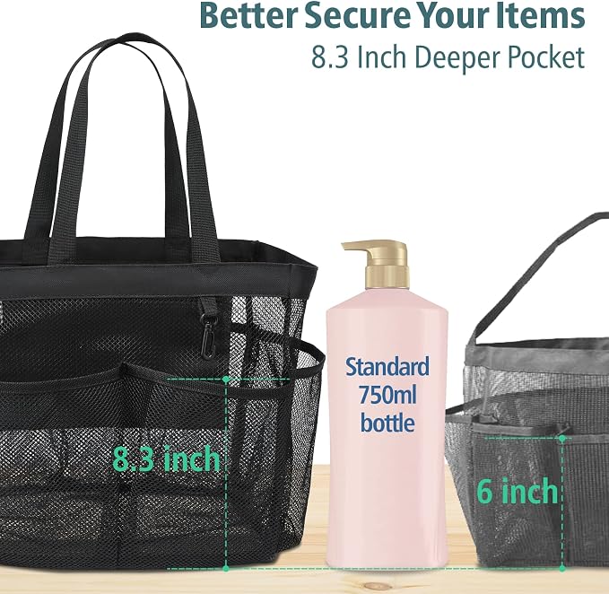 Mesh Shower Caddy Portable - 2 Packs, Extra Large Shower Bag for Dorm | 2 Pack, S-Hook, Quick-Dry, Hanging Toiletry Organizer, College Dorm Room Essentials for Girls, Gym, Travel & Bathroom, Black