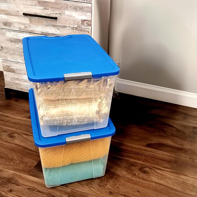 HOMZ Clear Plastic Storage Bin with Secure Latching Blue Lid, 64 Qt, 2 Pack | Heavy-Duty Stackable Containers, Large Organizer Box for Homes, Offices, and Garages