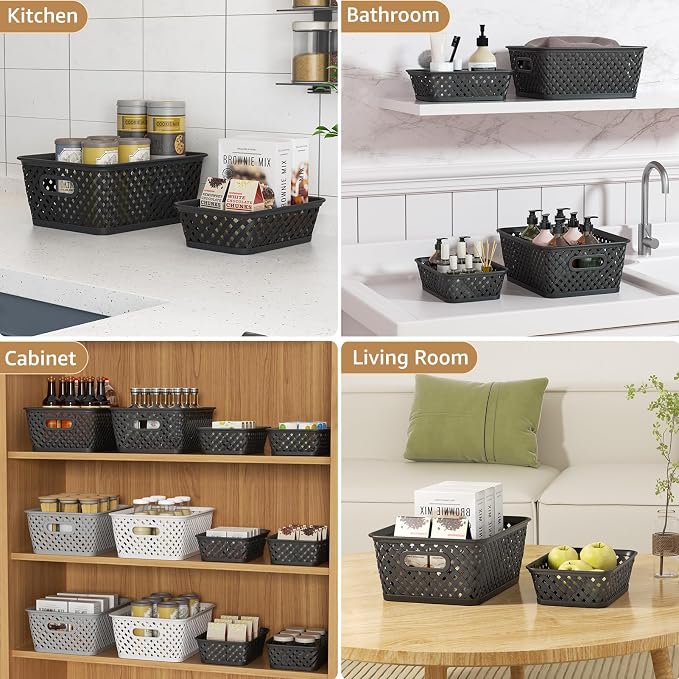 MaxGear 3 Pack Plastic Storage Baskets, Small, Black | Durable Woven Plastic with Built-In Handles, Suitable for Shelves, Closets, Cabinets, Bathrooms and Offices