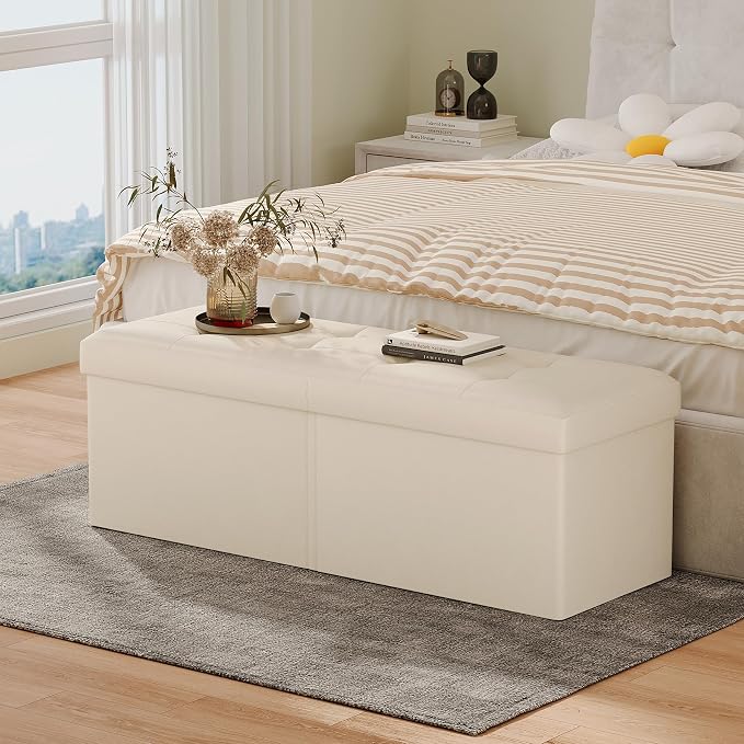 31.5 Inch Foldable Storage Ottoman Bench for Bedroom, Ivory | Foldable Footstool, Multi-Functional Foot Rest, End of Bed Bench, Large Hidden Storage Space, Storage Chest For Living Room