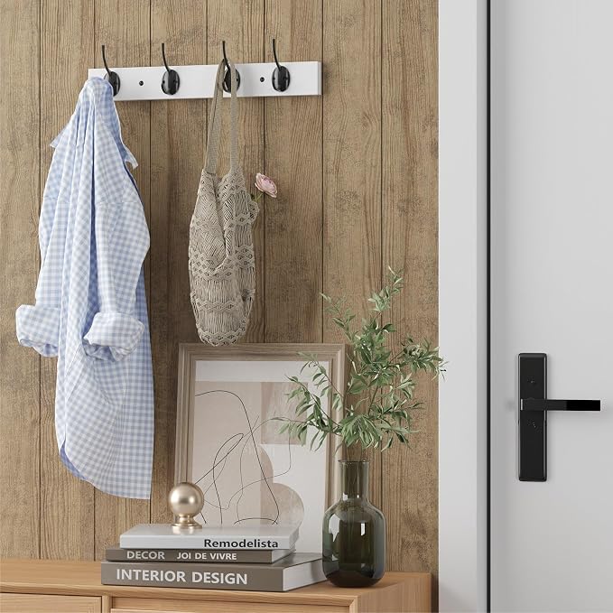 VERTORGAN 1 Pack Wall Mounted Wooden Hat Rack,4 Hooks Entryway(White) | Wood Coat Hooks,Wall Hooks for Hanging,Hat Rack Bag Hanger Key Holder for Wall,Purse Hanger Towel Racks for Bathroom