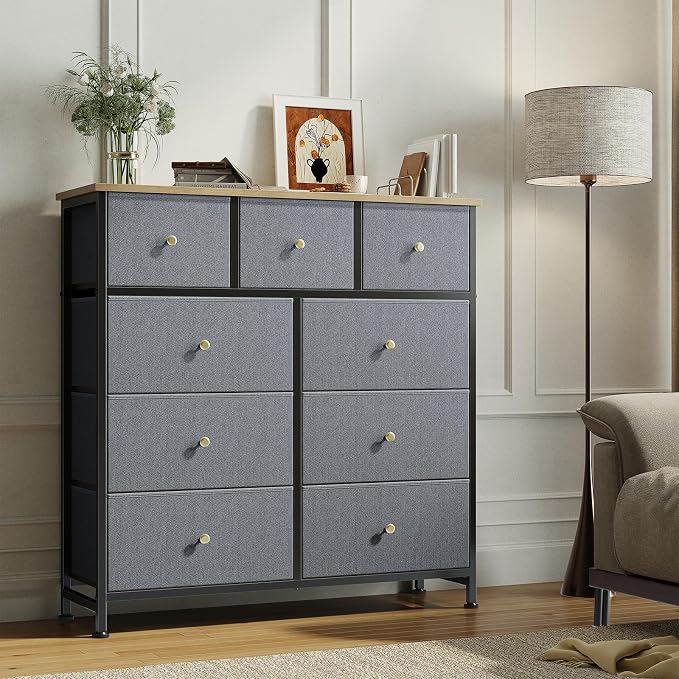 OLIXIS 9 Drawer Tall Dresser for Bedroom, Closet Organizers and Storage | Fabric Dresser with Wooden Top, Chest of Drawers for Clothes Storage, Tower Cabinet, Furniture, TV Stand, Gray Blue