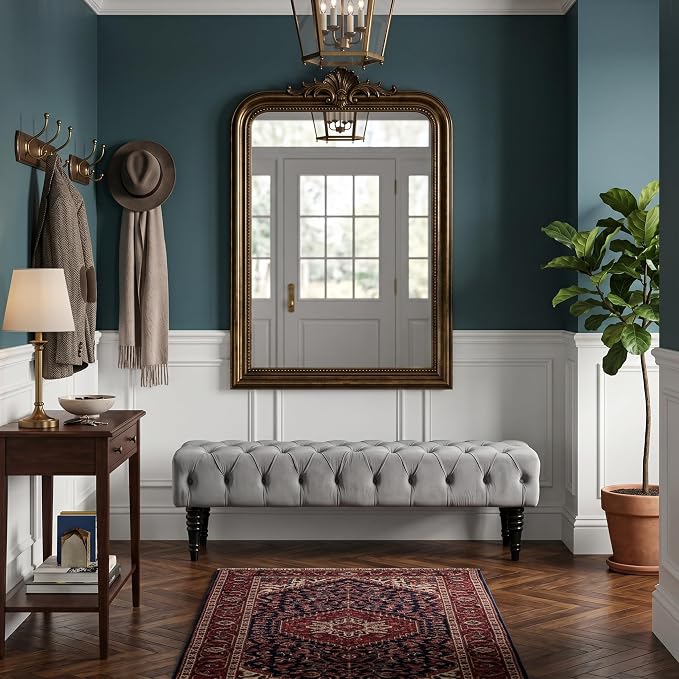 60" Accent Bench, Upholstered Tufted Ottoman Bench French Vintage Entryway Bench Corduroy Padded Benches for Entryway, Dining Room, Foyer, Living Room, Bedroom, Grey