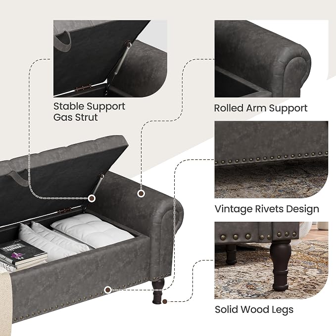 YOUDENOVA Ottoman with Storage, 60" End of Bed Bench with Rolled Arms, Upholstered Storage Bench with Vintage Rivets for Bedroom, Living Room, Entryway, Gray