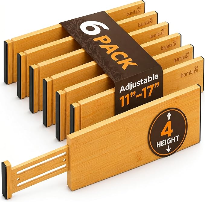 Bamboo Drawer Divider 4 Inch Deep, Fits 11.5-17 Inch, Adjustable Organizer