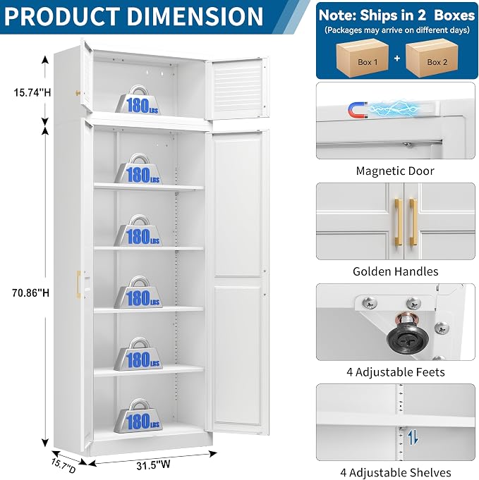 86" Tall Metal Kitchen Pantry Storage Cabinet with Adjustable Shelves | Extra Large Heavy Duty Steel Storage Cabinet for Kitchen, Garage, Living Room, White (2 Packages)