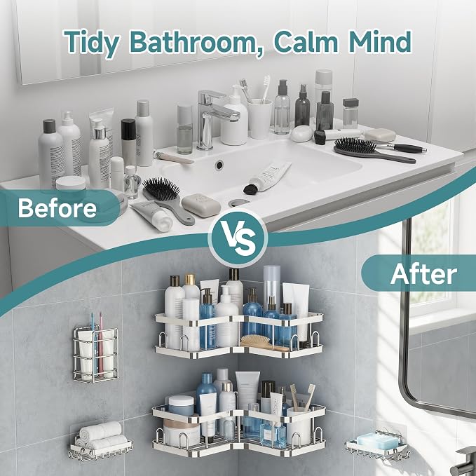 Veken Corner Shower Caddy 3-Pack, Advanced Rustproof Design&Stable Storage | No Drilling Adhesive Shelves, Rack with Soap Holder & Hooks, Thickened Metal Frame, Bathroom Organizers and Storage, Silver