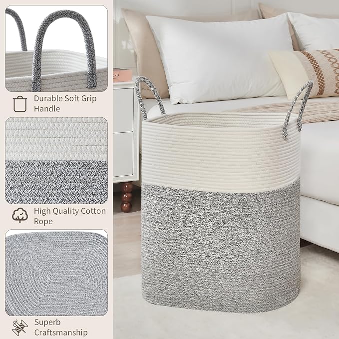 AINUOQI Laundry Basket with Handles - Blanket Basket & Hampers for Bedroom Aesthetic, Laundry Hamper & Blanket Storage for Living Room, Clothes Hamper, Tall,Large 21.7" x 16.9" x 11.8”, Light Grey