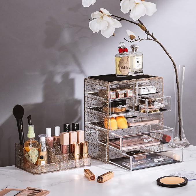 Sorbus Acrylic Makeup Organizer Set, 7-Drawer Vanity & Countertop Cosmetic Storage with Small & Wide Compartments, Glitter Makeup Storage for Brushes, Jewelry – Holiday Gift for Women & Teens