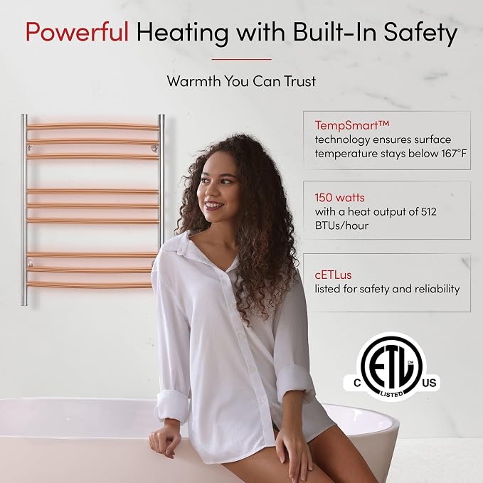 WarmlyYours Riviera Heated Towel Rack, 9 Bars, Polished Gold | Wall-mounted electric towel warmer, 150W, heated bars, dual connection for hardwired or plug-in installation