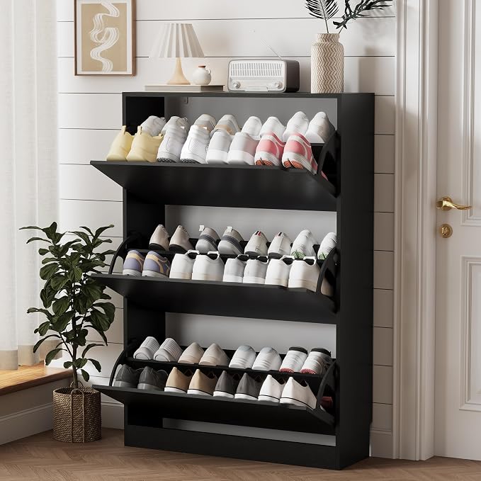 Xixini Shoe Storage Cabinet for Entryway with 3 Flip Drawers, Sturdy Wood Hidden Shoe Storage, Freestanding Narrow Slim Shoe Organizer for Front Door Entrance, Living Room, Hallway, Bedroom, Black