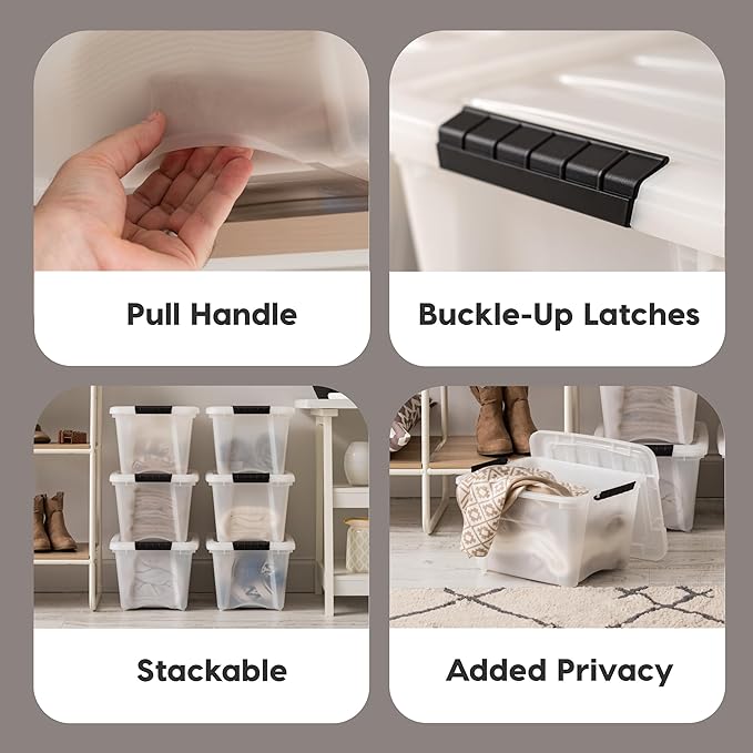 IRIS USA 6-Pack 19 Quart Storage Bins with Lids, Pearl | Conceals contents for a clean look. Great for linens, décor, closet storage, and supplies. Nestable design saves space