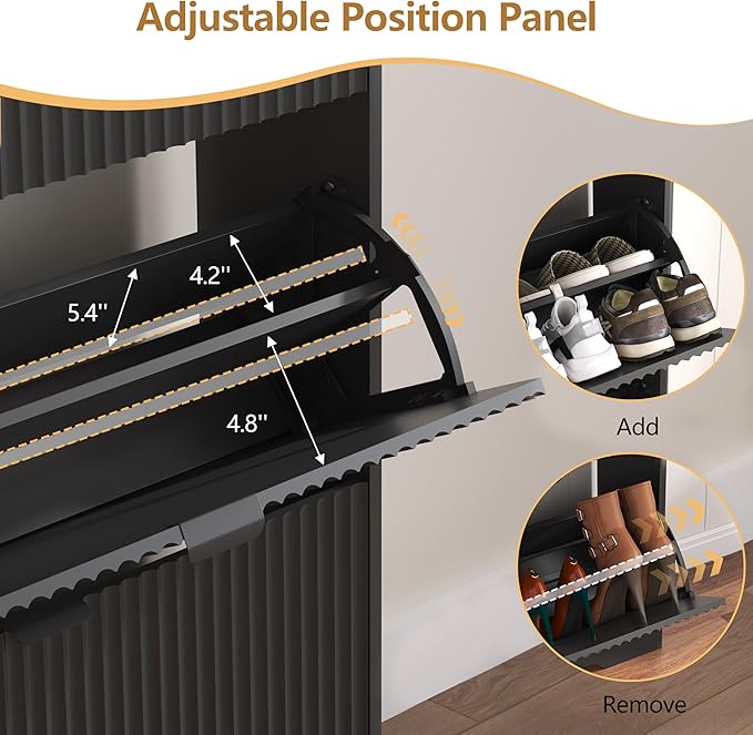 HUANLEGO Shoe Cabinet Storage for Entryway with 2 Flip Drawers, Black Fluted Shoe Cabinet with Open Storage, Wooden Hidden Shoe Rack Freestanding Narrow Slim Shoes Organizer for Hallway, Entrance