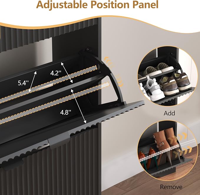 HUANLEGO Shoe Cabinet Storage for Entryway with 3 Flip Drawers, Black Fluted Shoe Cabinet with Adjustable Shelves, Wooden Hidden Shoe Rack Freestanding Narrow Slim Shoes Storage for Hallway, Entrance