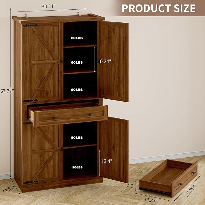 BORNOON Pantry Organizers and Storage Cabinet, 67.71” Barn Door White Kitchen Cabinet with Drawers and Adjustable Shelf, Tall Pantry for Kitchen, Dining Room, Living Room