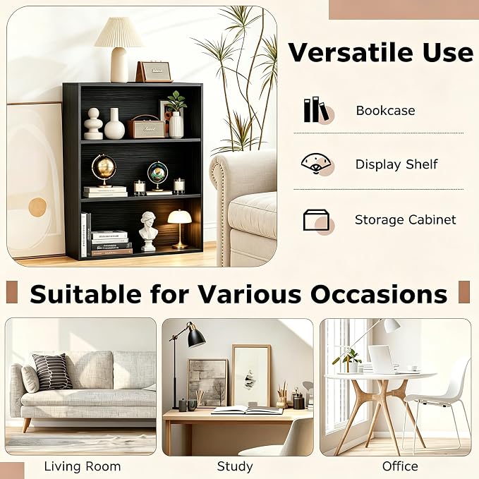 HealSmart 3 Tier Bookcase, Industrial 3 Book Shelf, 9.2" D x 23.8" W x 31.5" H Tall Open Cube Storage Organizer for Home Office, Living Room, Bedroom and Dinning Room, Black