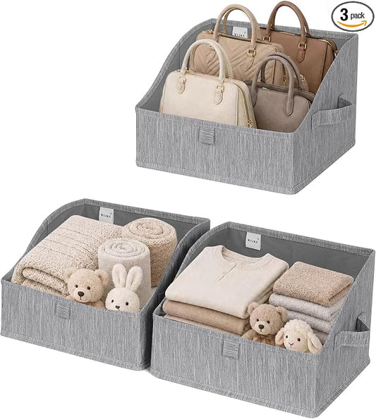 WUIKE Trapezoid Storage Bins for Closet Organizers and Storage, Fabric Closet Bins with Handles, Foldable Storage Baskets for Clothes, Purse, Blanket, Light Gray, Large, 3-Pack